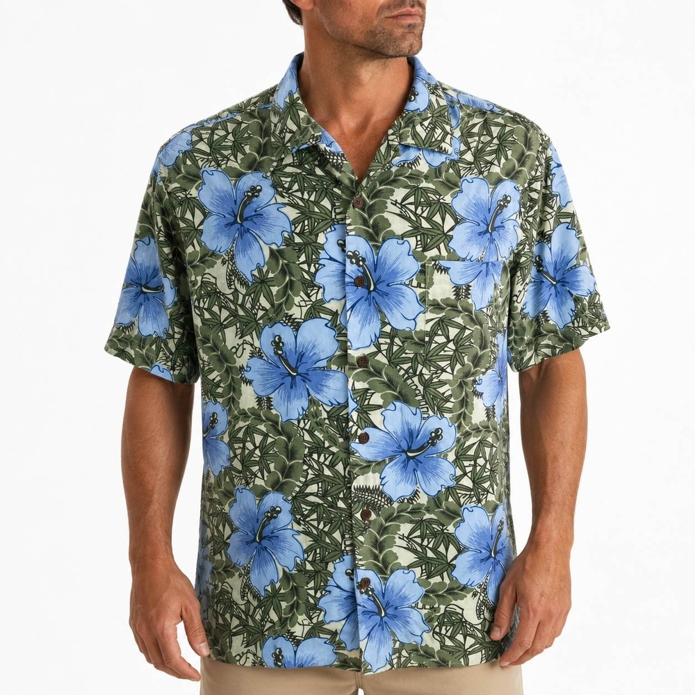 Ocean Pacific Hawaiian Shirt Large Blue Hibiscus Flowers Floral Olive-Green Tan